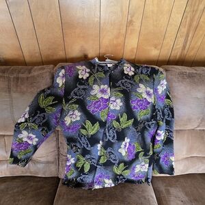 Coldwater Creek Black Jacket with Purple & Green Floral Pattern